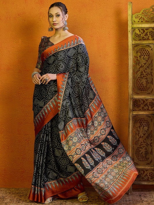 Black Ajrakh Print Silk Saree - Ressa