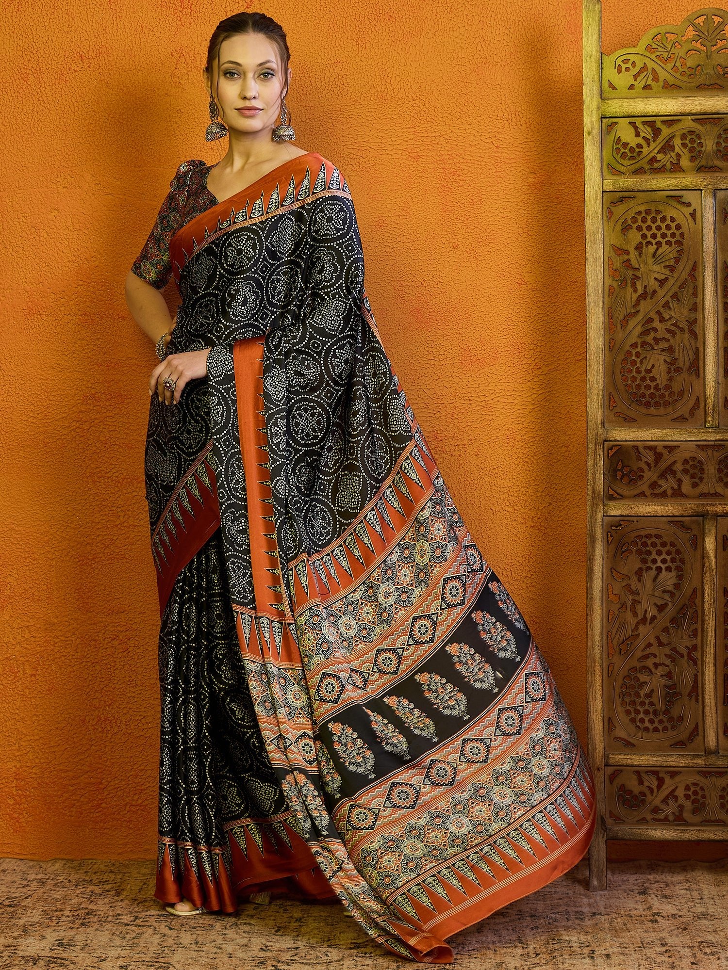 Black Ajrakh Print Silk Saree - Ressa