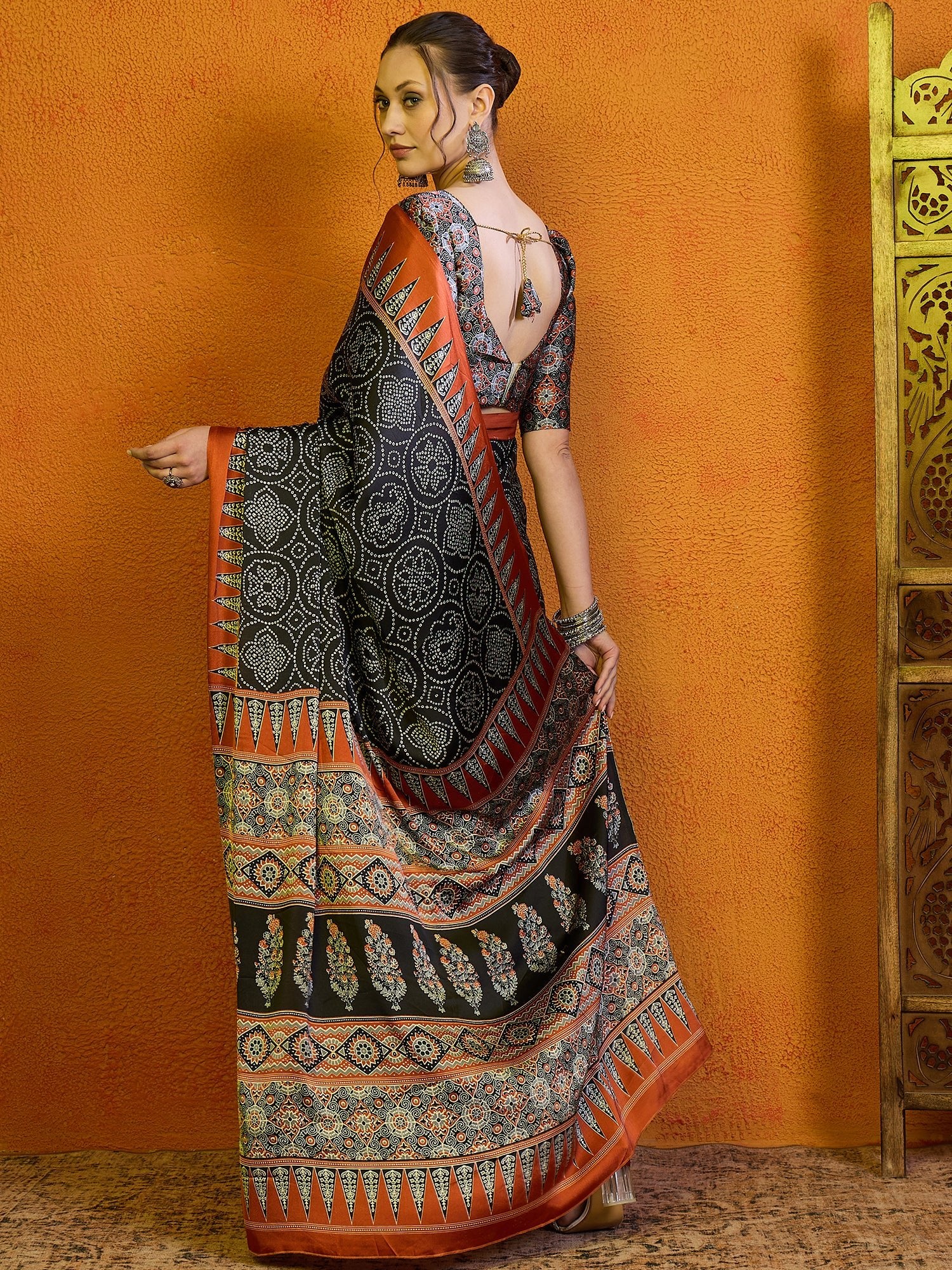 Black Ajrakh Print Silk Saree - Ressa