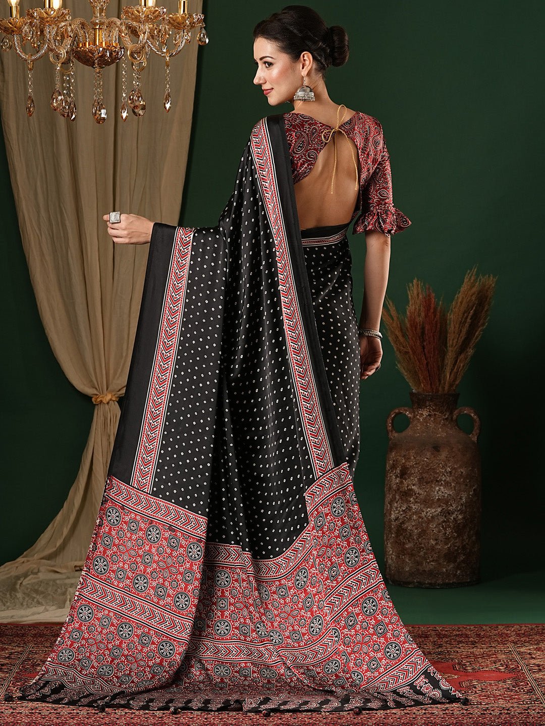 BLACK AJRAKH PRINTED CREPE SAREE - Ressa