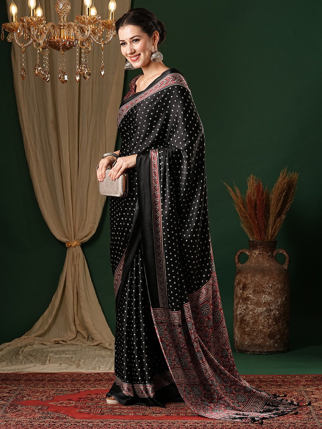 BLACK AJRAKH PRINTED CREPE SAREE - Ressa