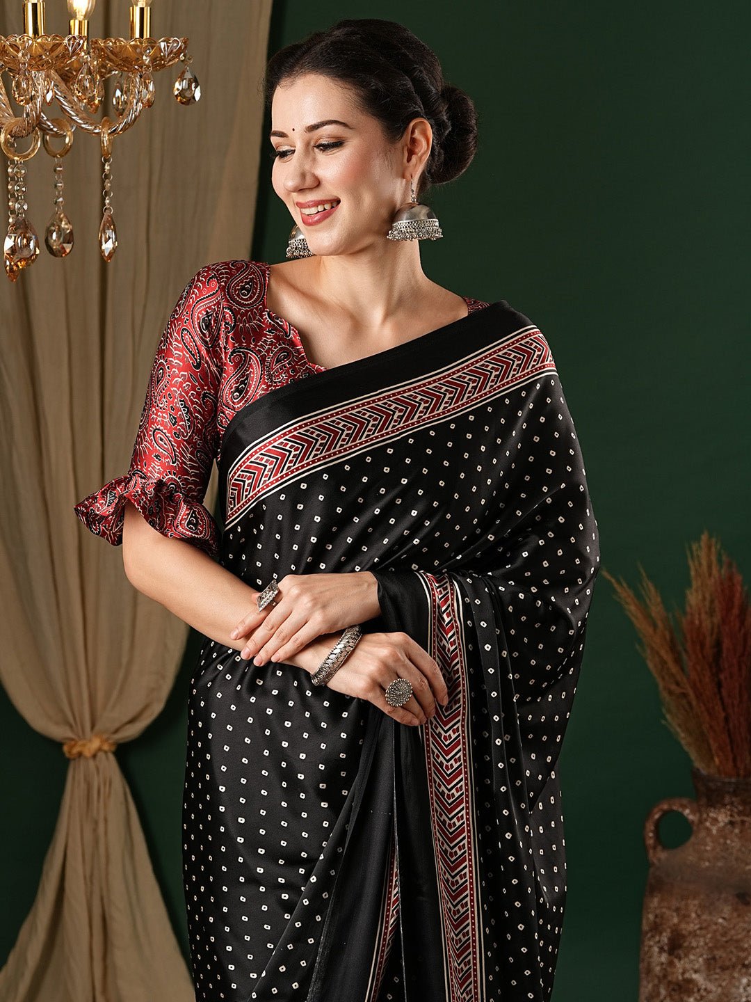 BLACK AJRAKH PRINTED CREPE SAREE - Ressa