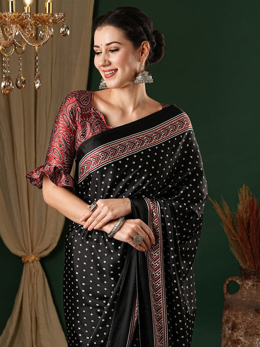 BLACK AJRAKH PRINTED CREPE SAREE - Ressa