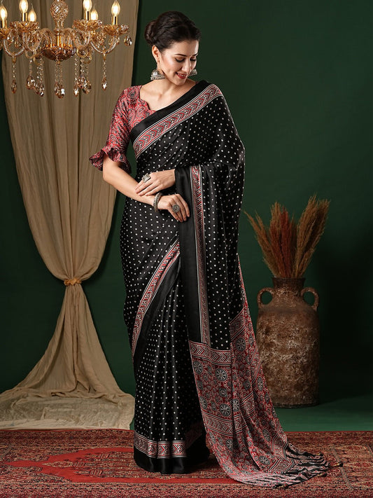 BLACK AJRAKH PRINTED CREPE SAREE - Ressa