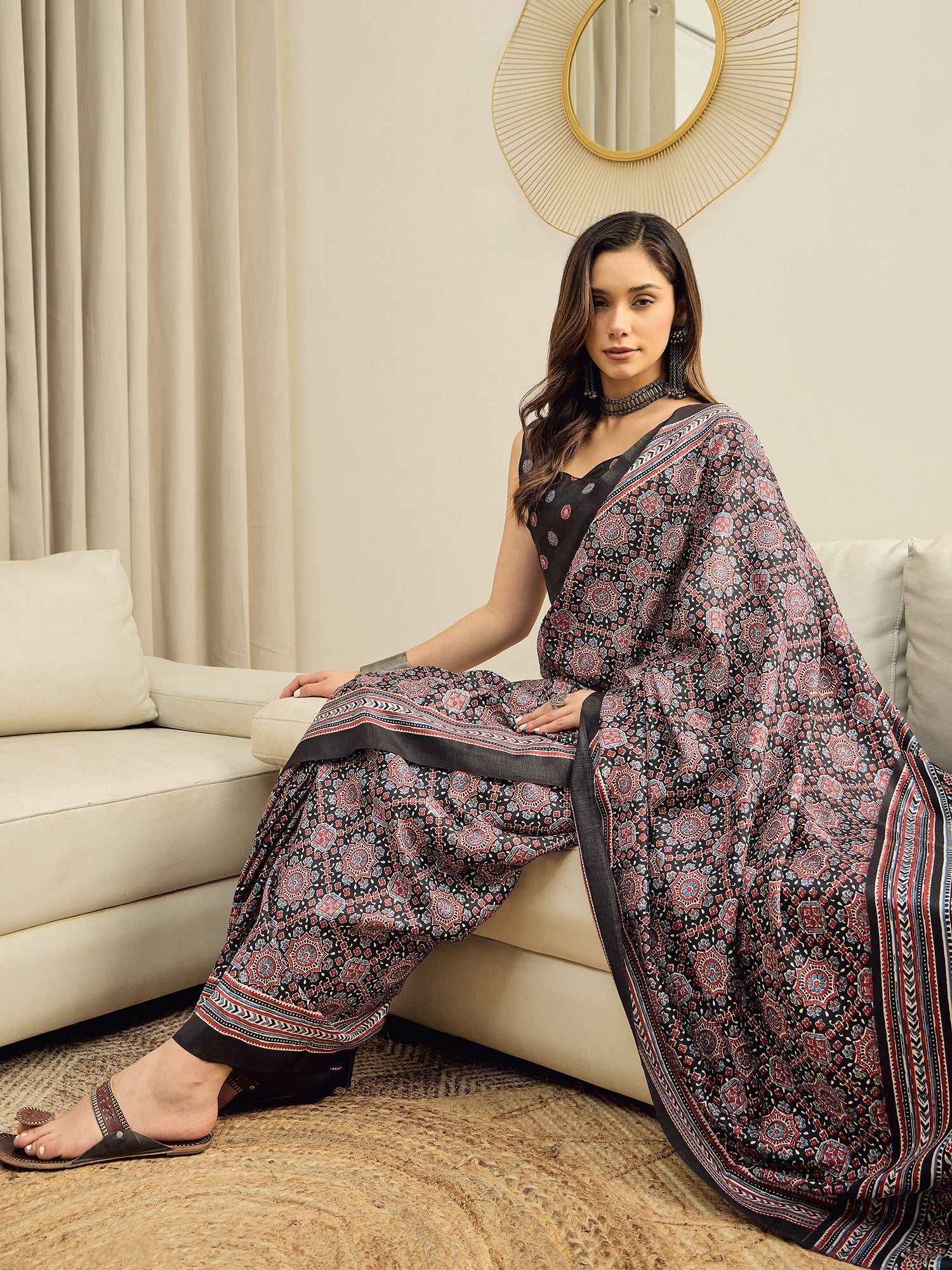 Black Ajrakh Silk Saree - Ressa