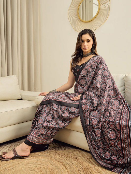 Black Ajrakh Silk Saree - Ressa