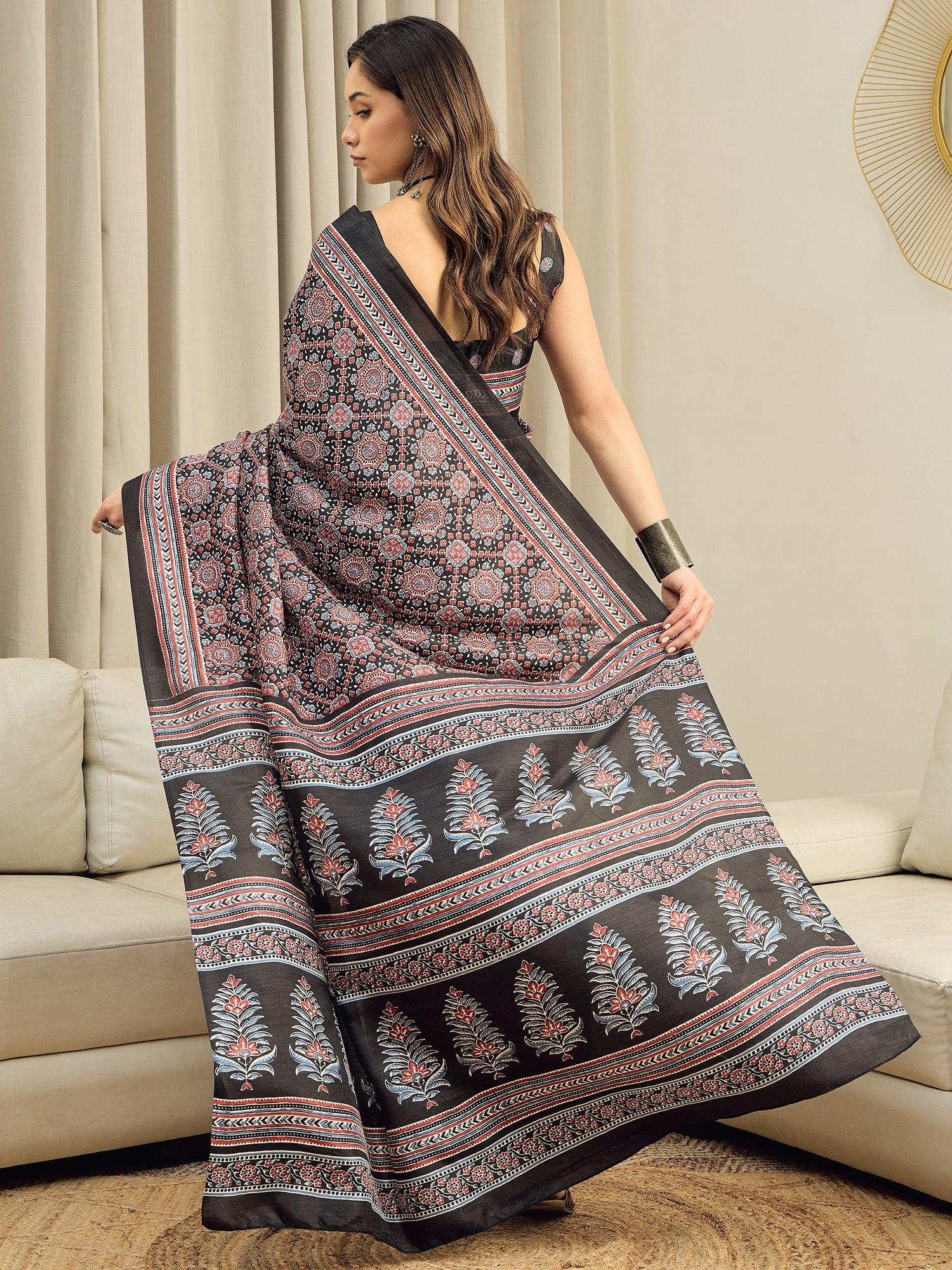 Black Ajrakh Silk Saree - Ressa