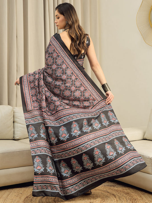Black Ajrakh Silk Saree - Ressa