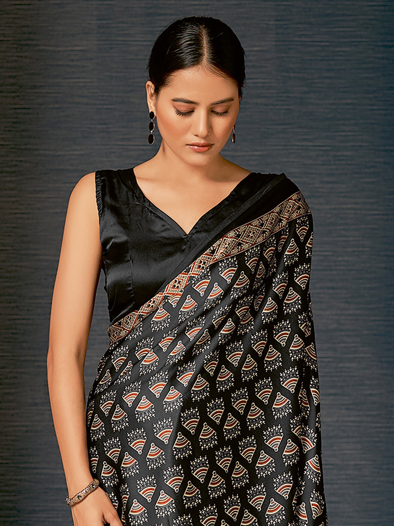 Black Ajrakh Silk Saree with Fan Motif Body, Block Print Pallu & Black Blouse - Ressa