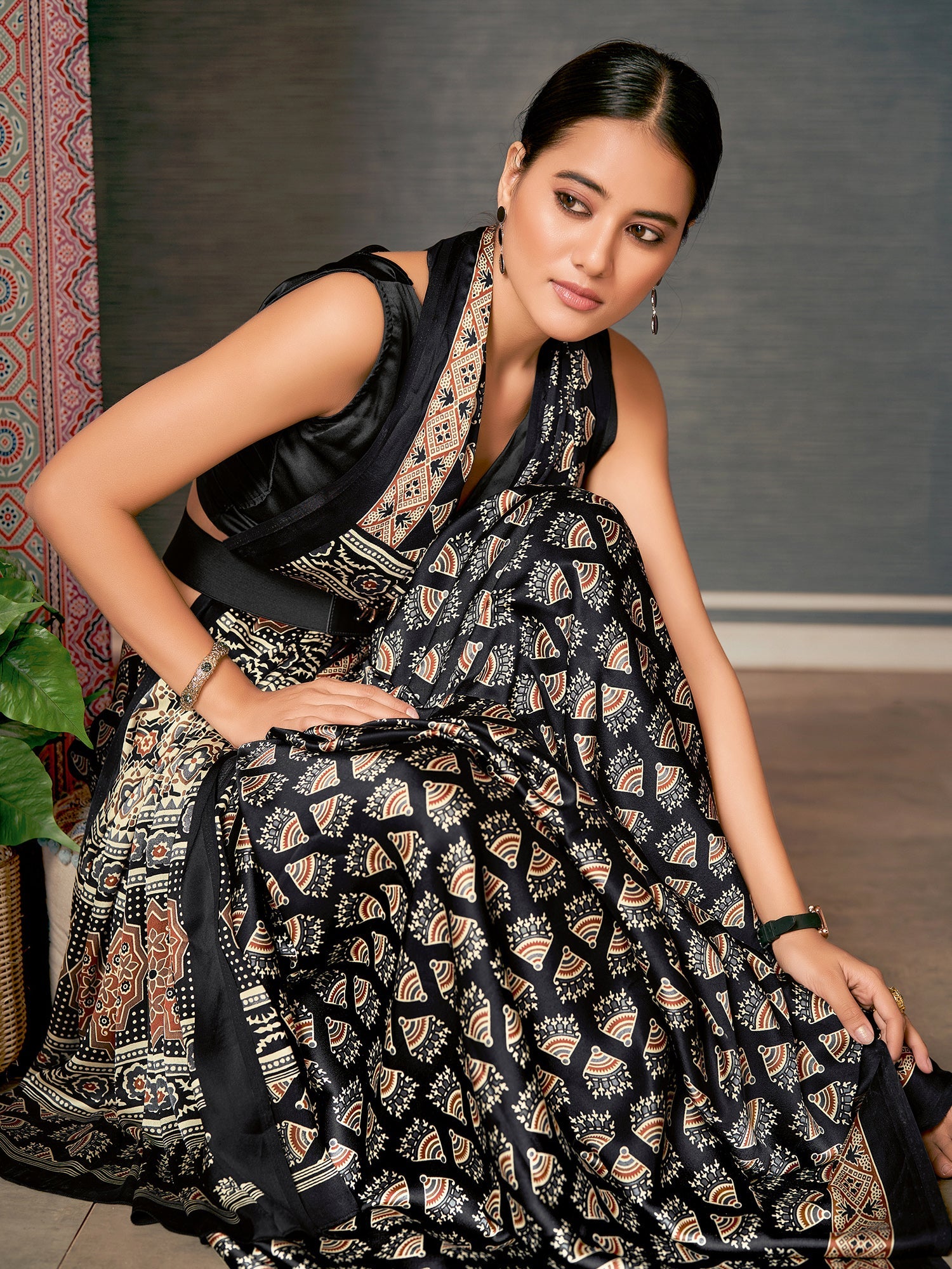 Black Ajrakh Silk Saree with Fan Motif Body, Block Print Pallu & Black Blouse - Ressa
