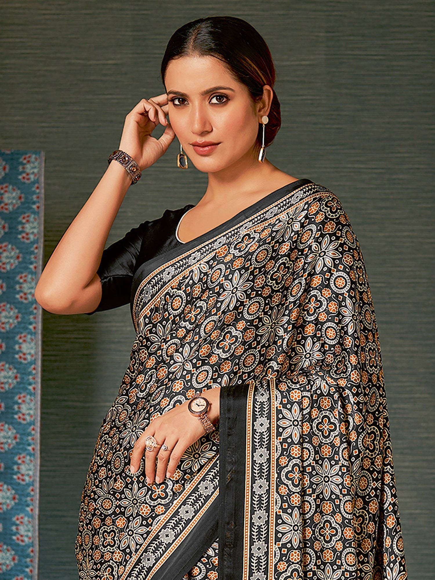 Black Ajrakh Silk Saree with Multicolour Floral Medallion - Ressa