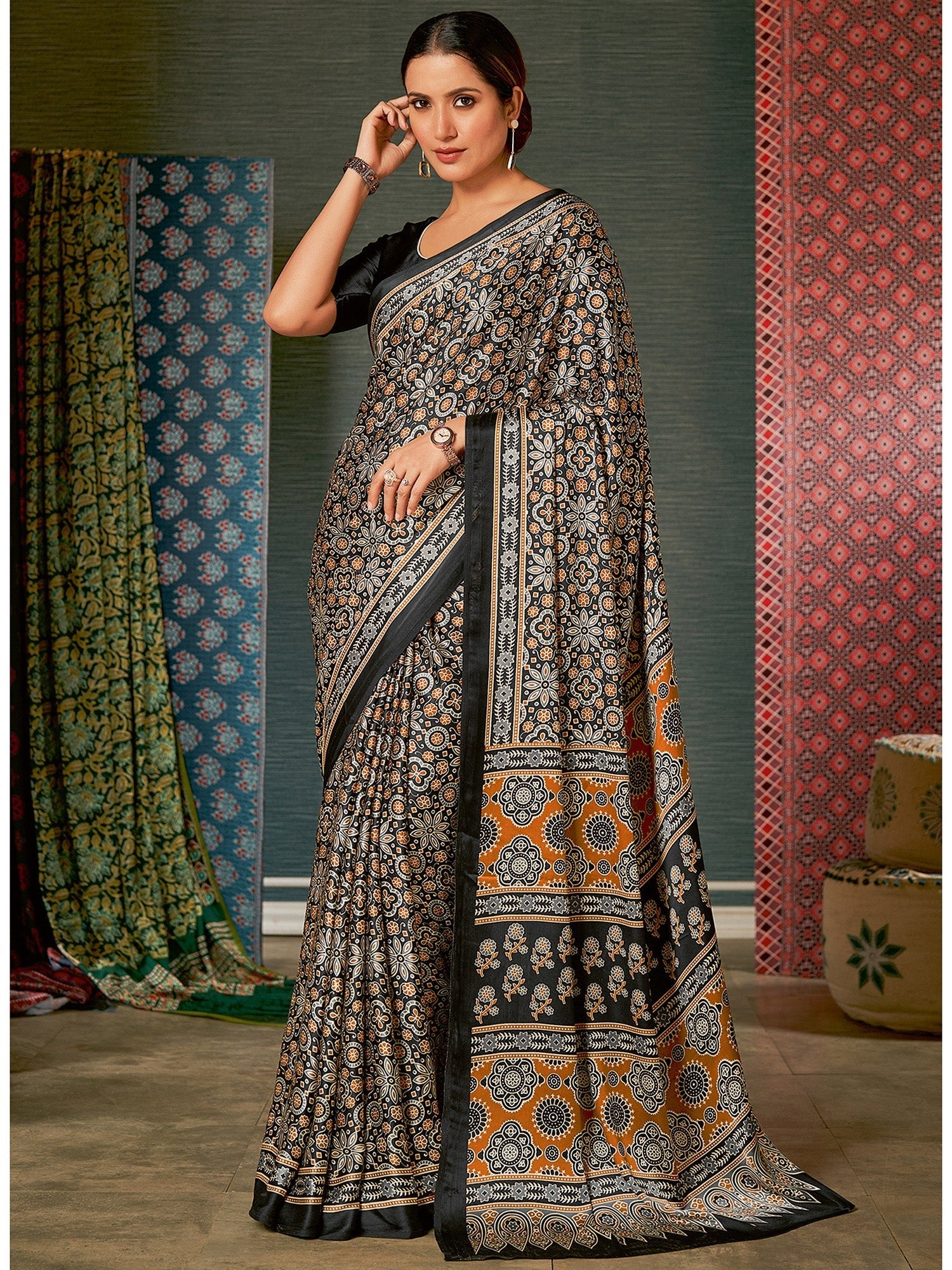 Black Ajrakh Silk Saree with Multicolour Floral Medallion - Ressa