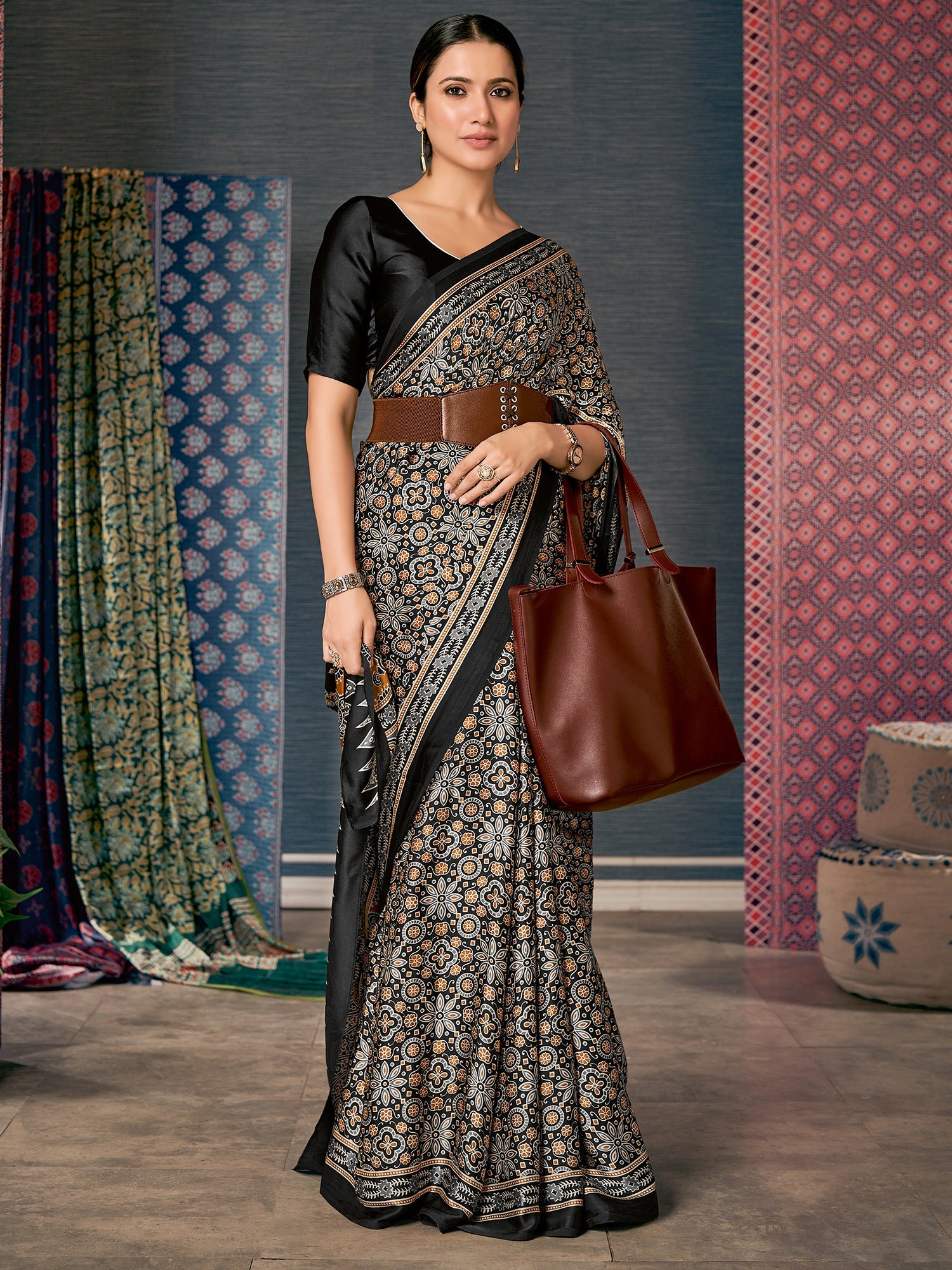 Black Ajrakh Silk Saree with Multicolour Floral Medallion - Ressa