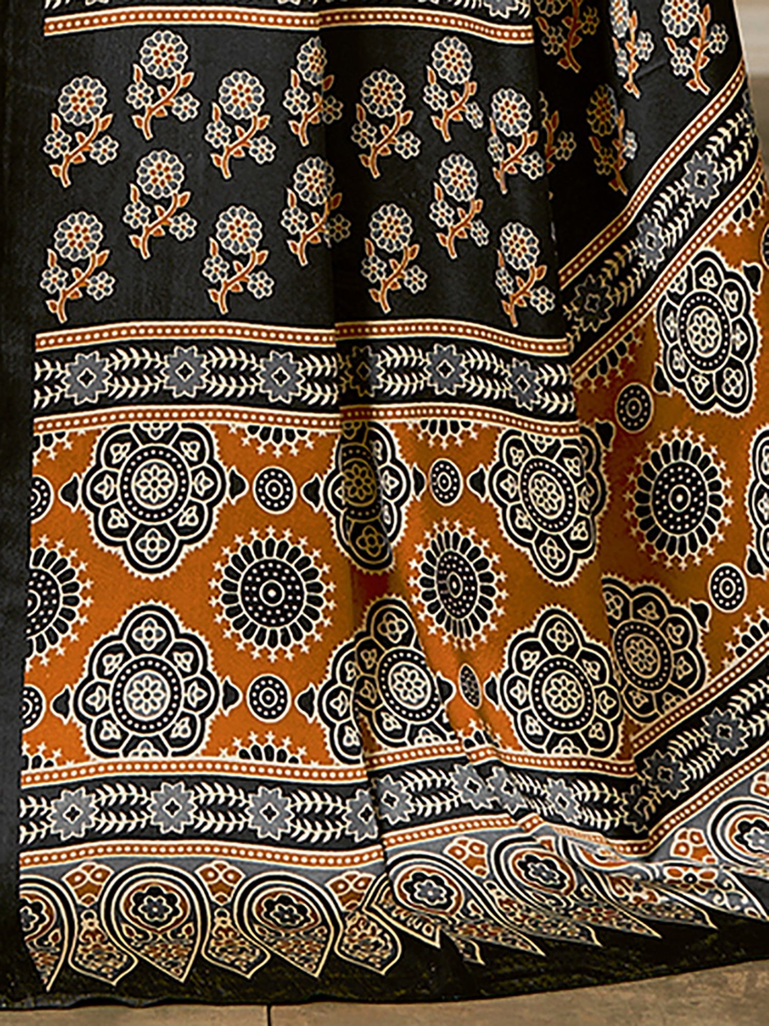 Black Ajrakh Silk Saree with Multicolour Floral Medallion - Ressa