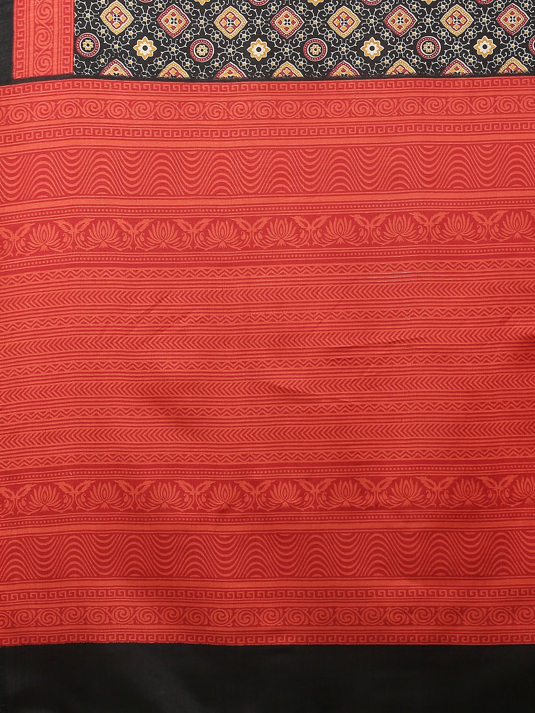 Black Ajrakh Silk Saree with Red Zari Pallu - Ressa