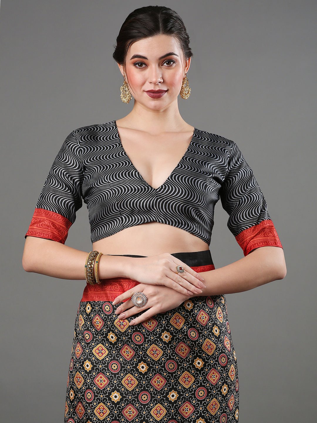 Black Ajrakh Silk Saree with Red Zari Pallu - Ressa