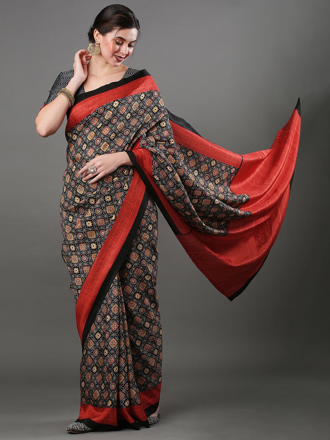 Black Ajrakh Silk Saree with Red Zari Pallu - Ressa
