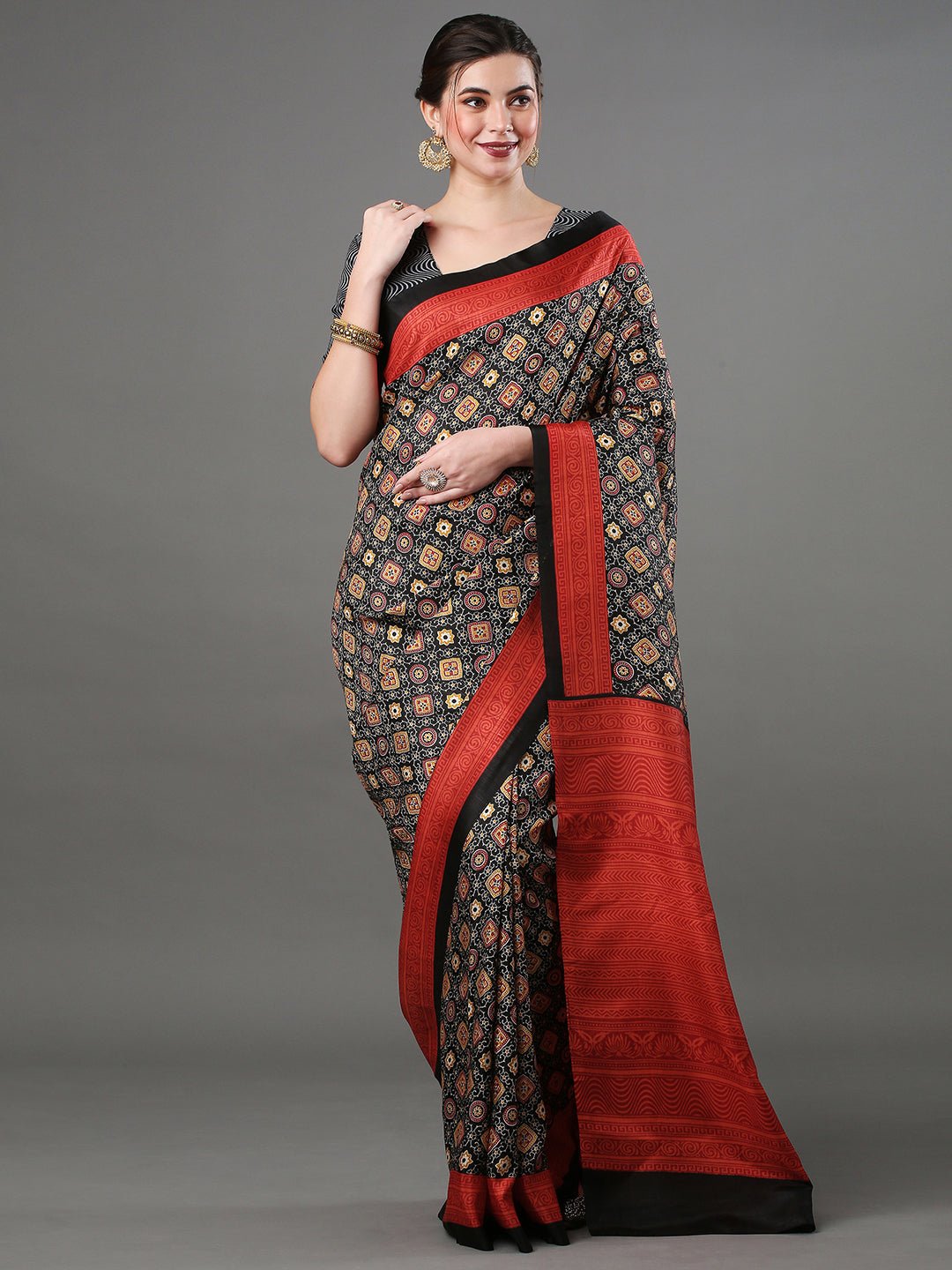 Black Ajrakh Silk Saree with Red Zari Pallu - Ressa