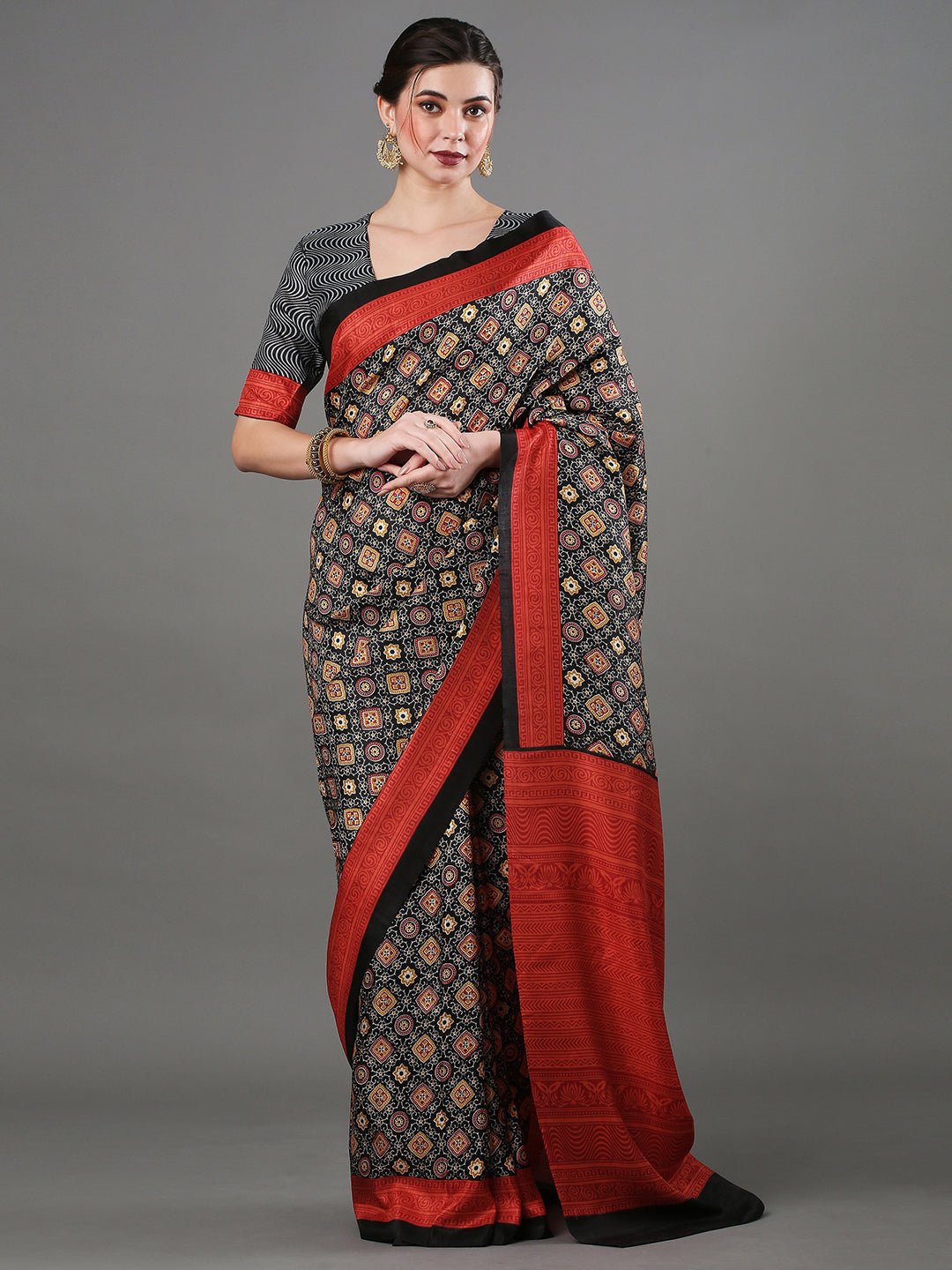 Black Ajrakh Silk Saree with Red Zari Pallu - Ressa