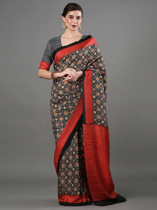 Black Ajrakh Silk Saree with Red Zari Pallu - Ressa