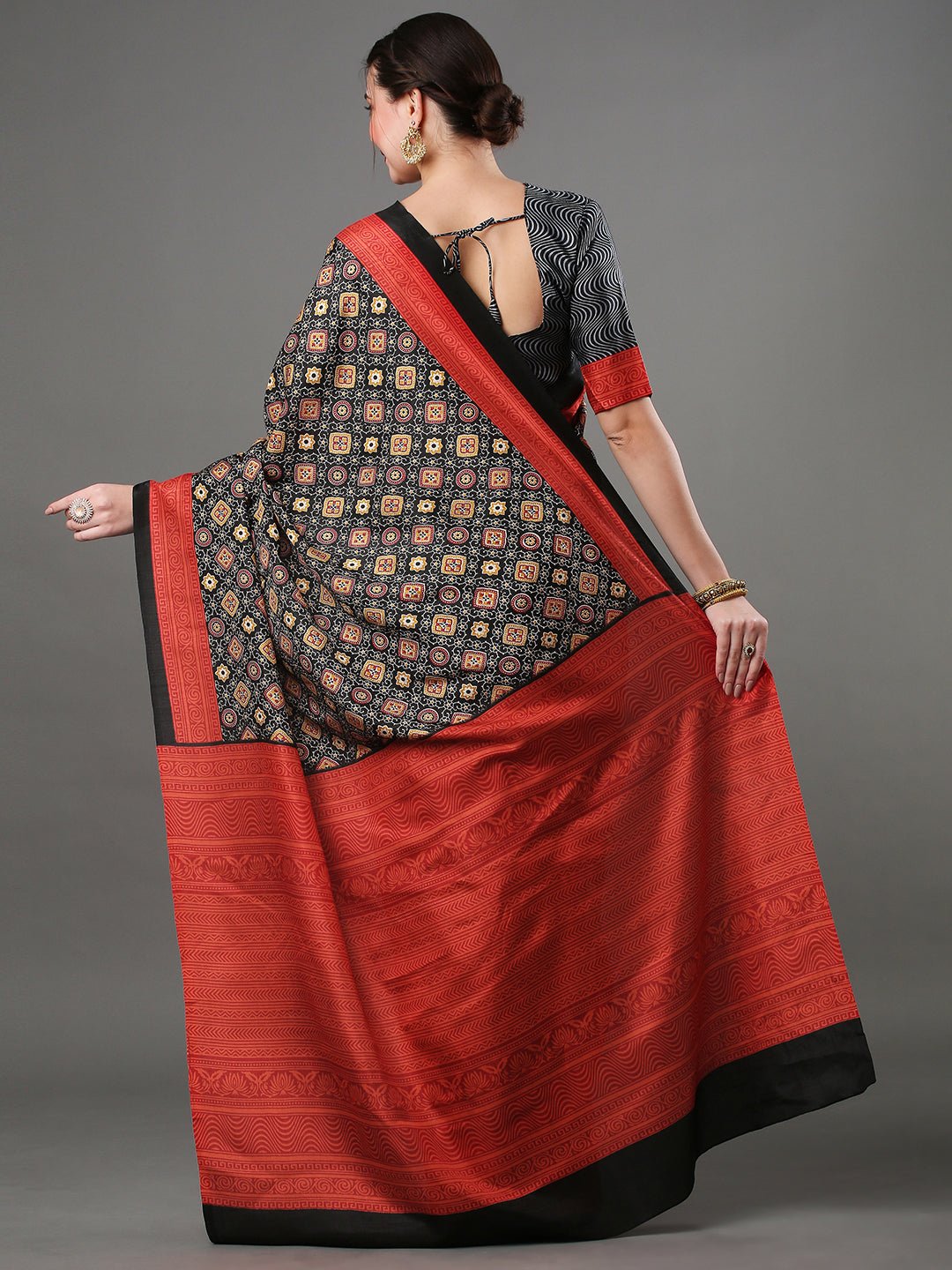 Black Ajrakh Silk Saree with Red Zari Pallu - Ressa