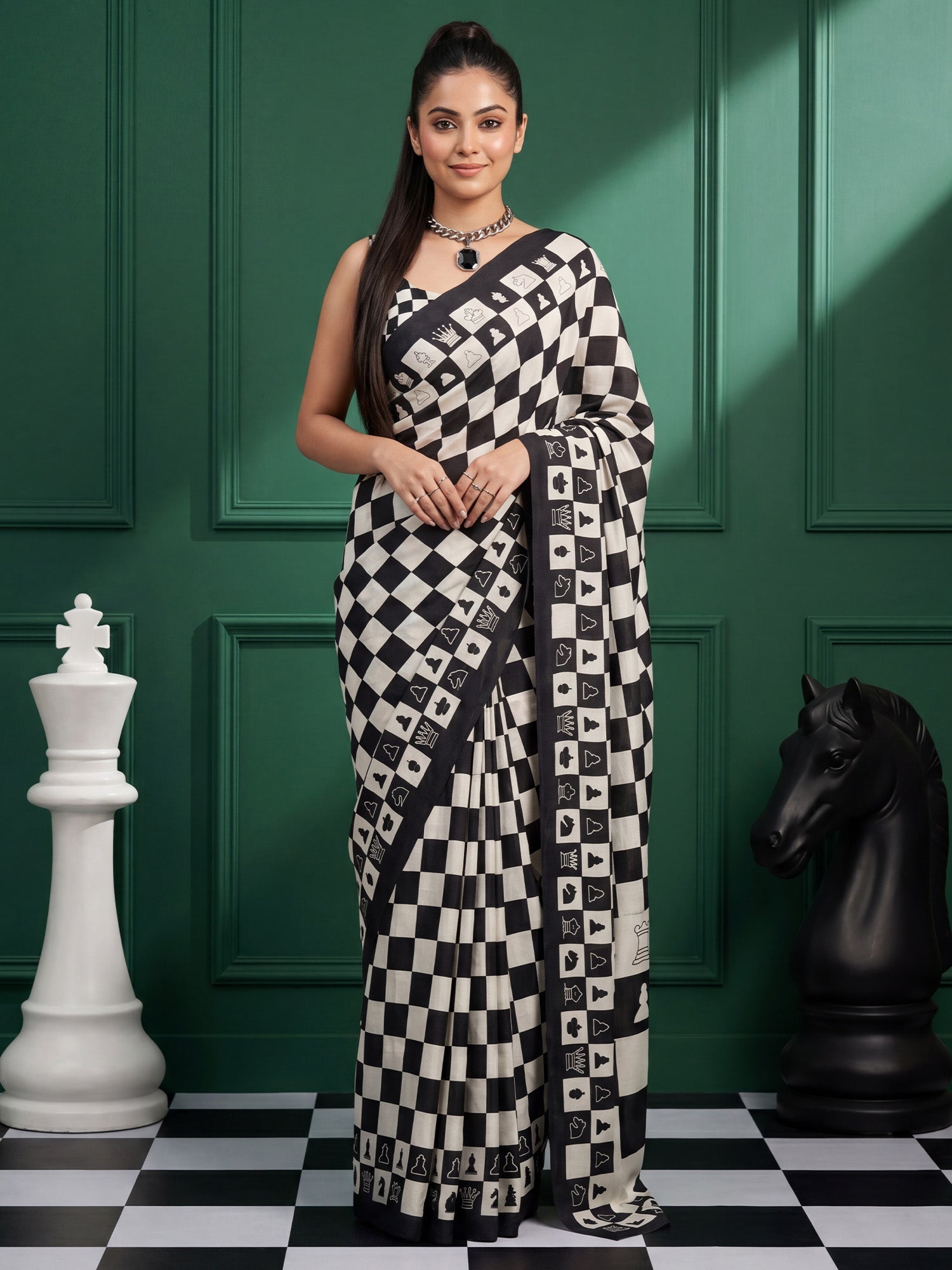 Black and White Checkered Chess Crepe Saree - Ressa