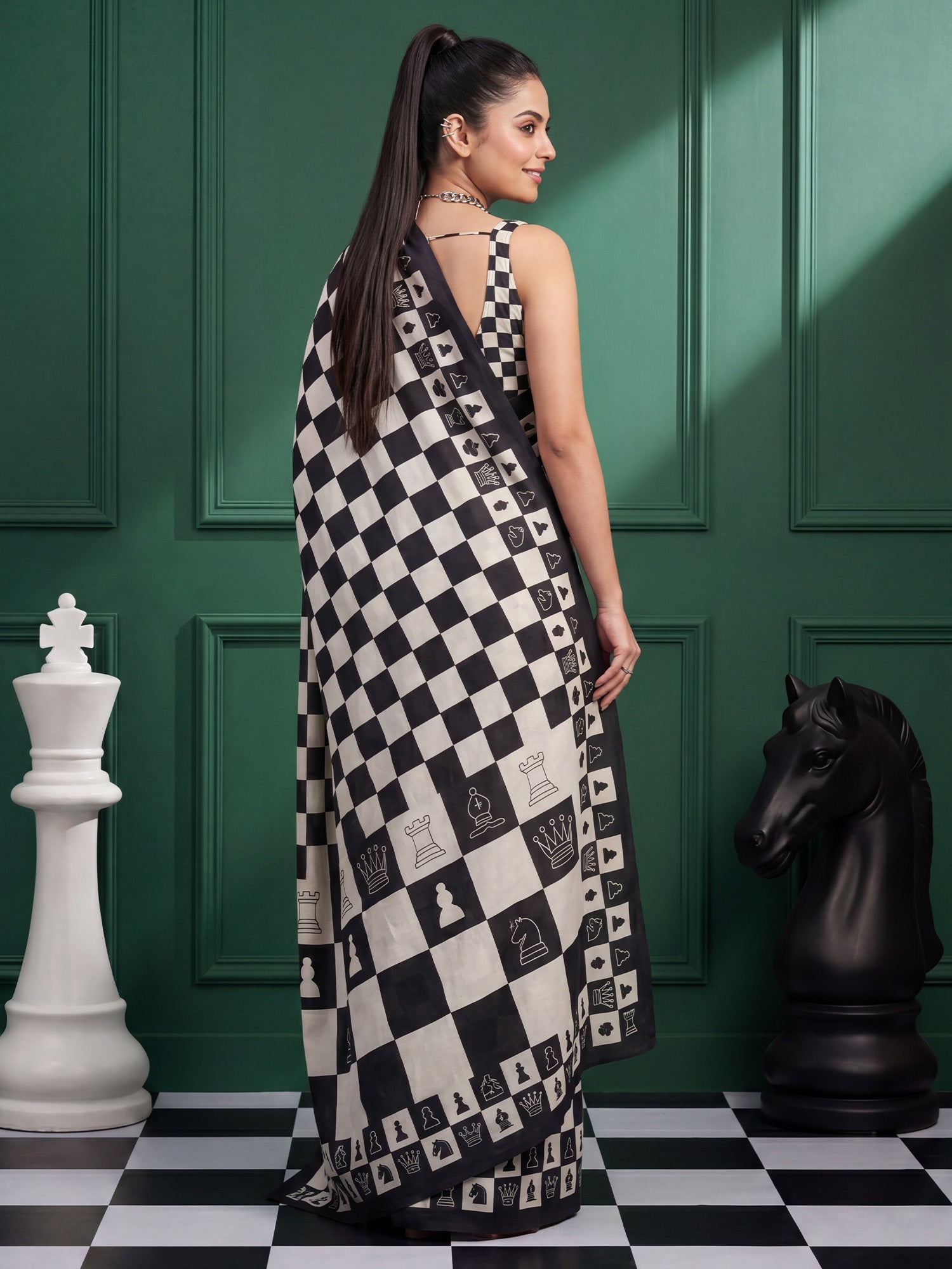 Black and White Checkered Chess Crepe Saree - Ressa