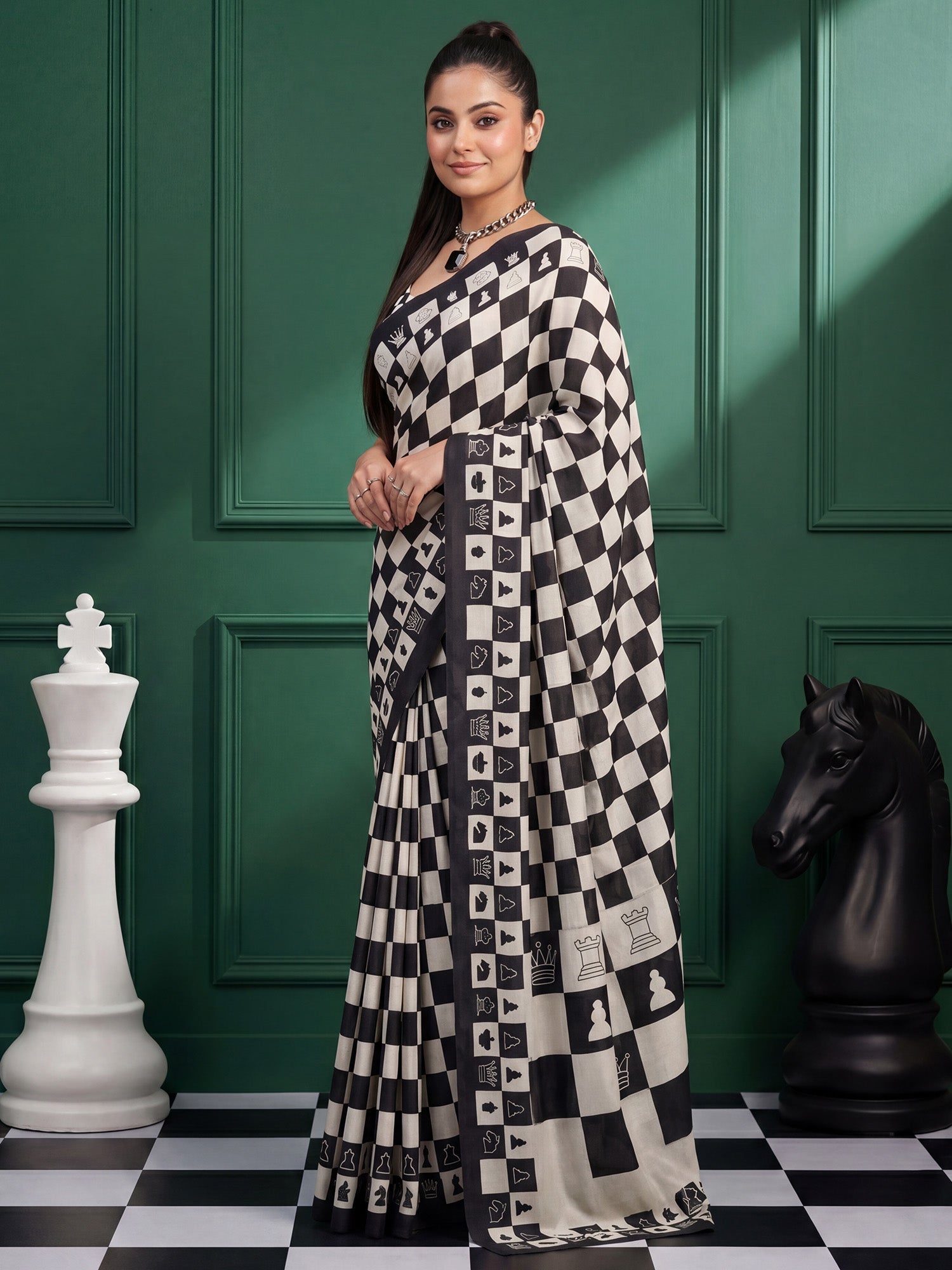 Black and White Checkered Chess Crepe Saree - Ressa