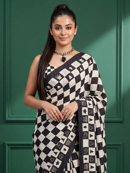 Black and White Checkered Chess Crepe Saree - Ressa