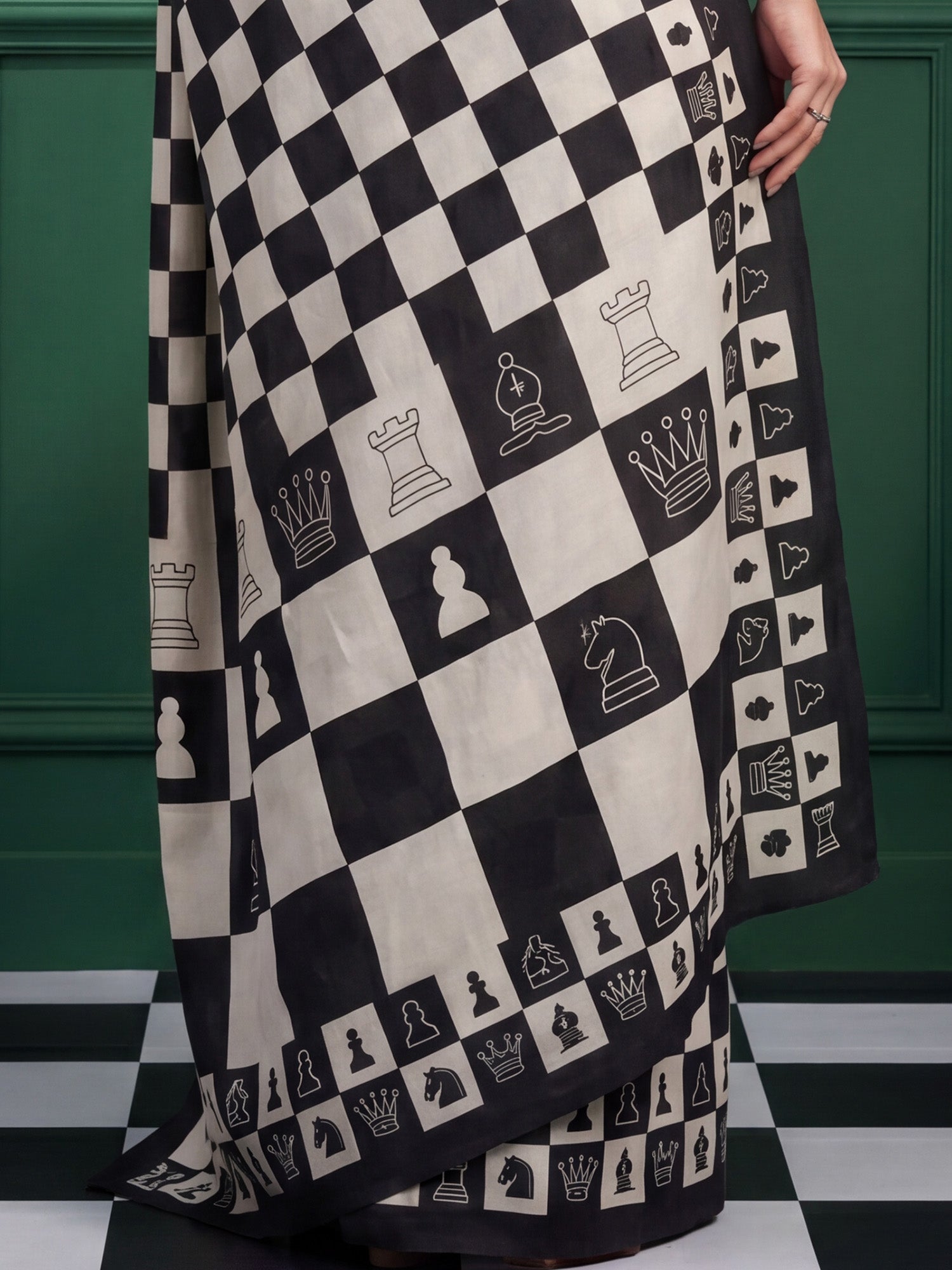 Black and White Checkered Chess Crepe Saree - Ressa