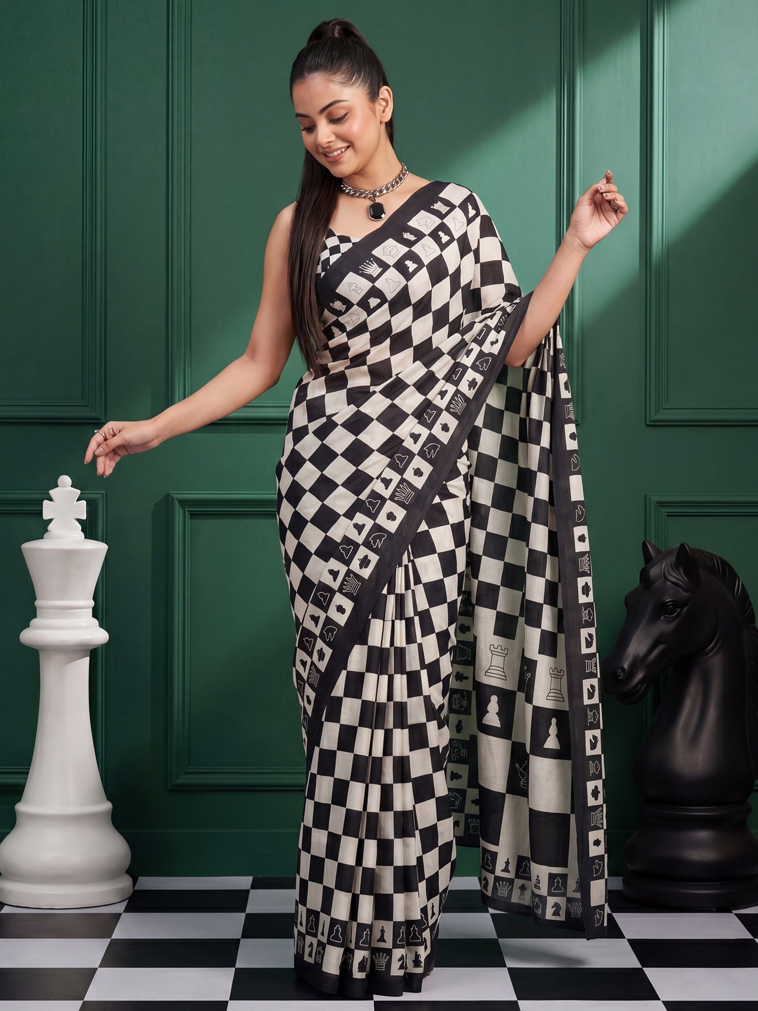 Black and White Checkered Chess Crepe Saree - Ressa