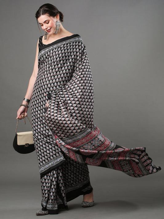 Black Bagh Block Print Cotton Saree - Ressa