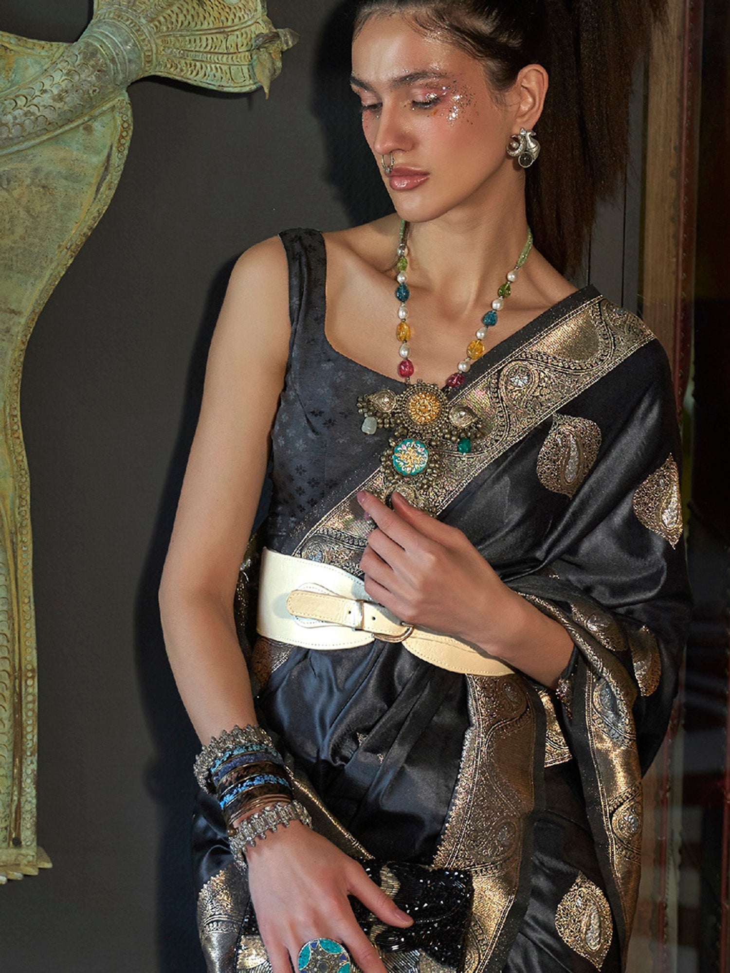 Black Banarasi Satin Silk Gold Silver Zari Woven Saree - Ressa