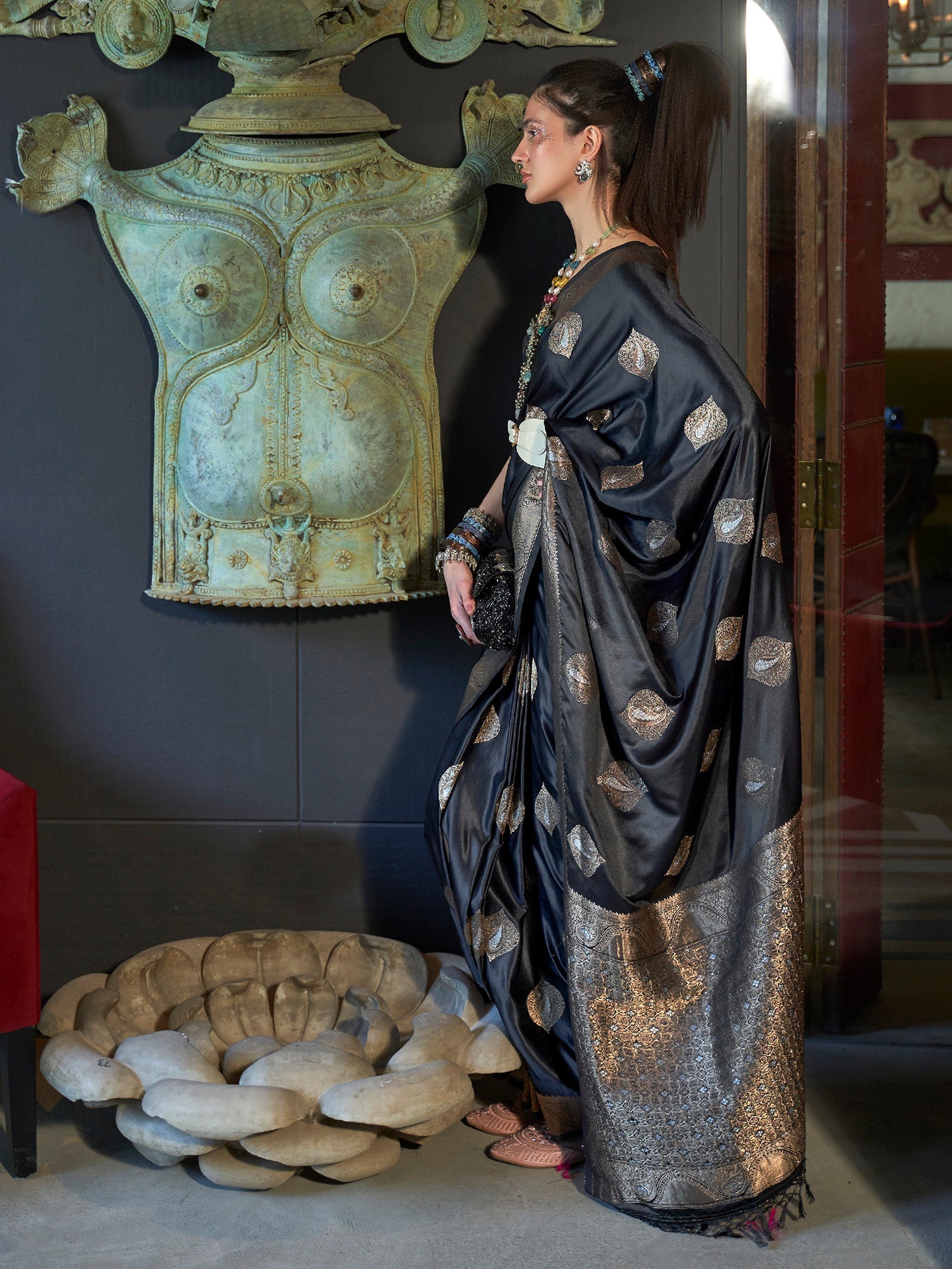 Black Banarasi Satin Silk Gold Silver Zari Woven Saree - Ressa
