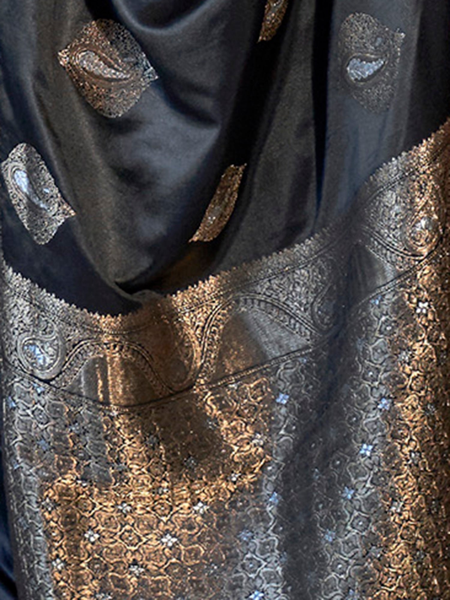 Black Banarasi Satin Silk Gold Silver Zari Woven Saree - Ressa