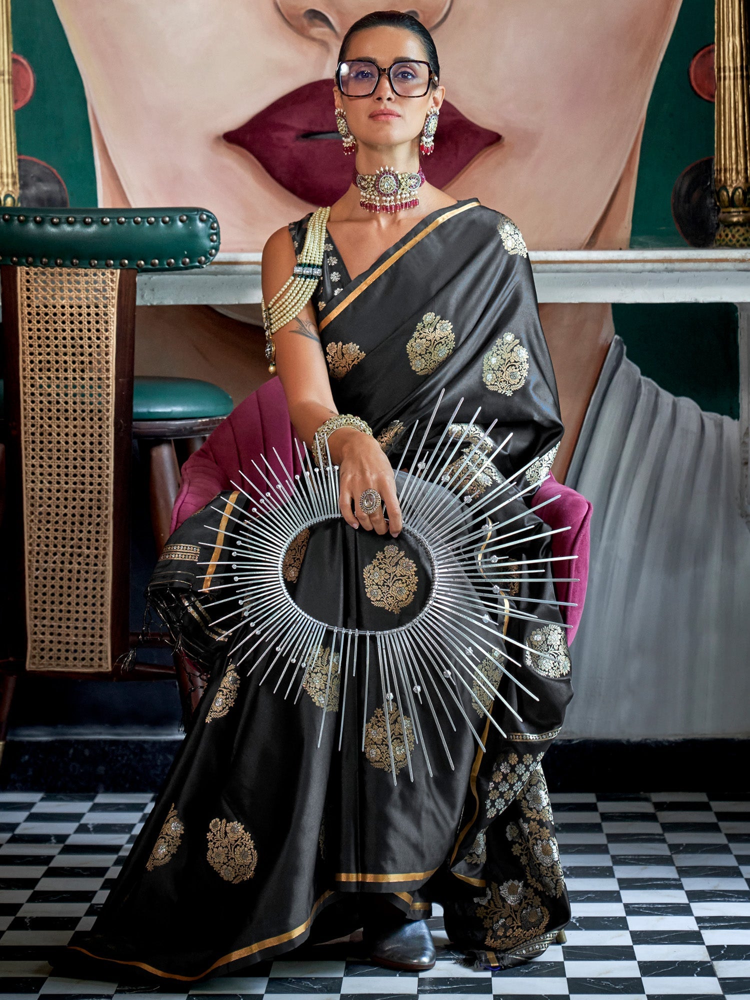 Black Banarasi Silk Blend Golden Zari Woven Saree - Ressa