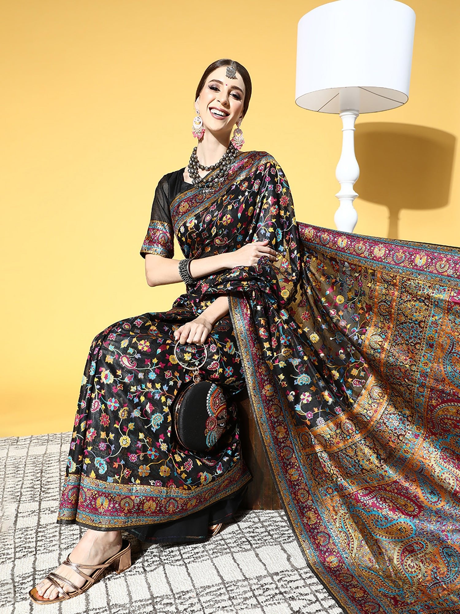 Black Banarasi Silk Kashmiri Pashmina Style Weaving Designer Blouse Saree - Ressa