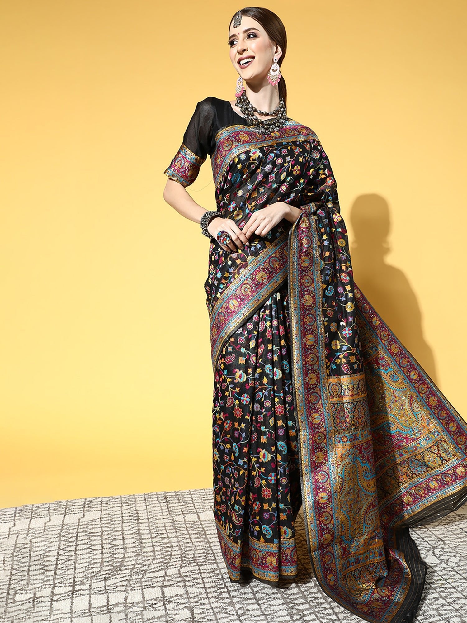 Black Banarasi Silk Kashmiri Pashmina Style Weaving Designer Blouse Saree - Ressa