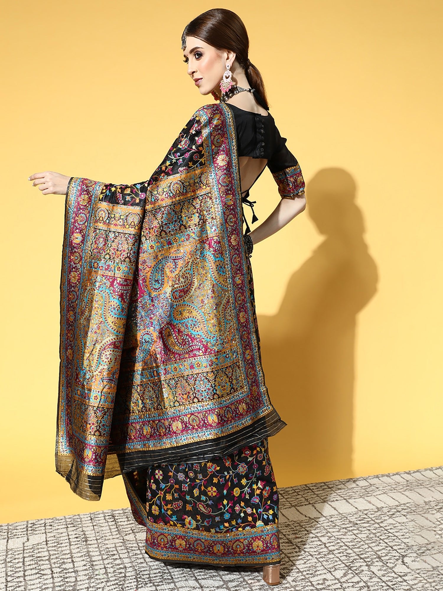 Black Banarasi Silk Kashmiri Pashmina Style Weaving Designer Blouse Saree - Ressa