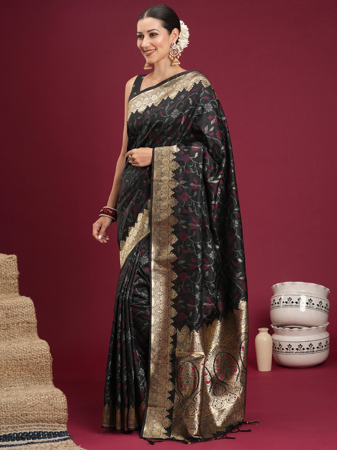 Black Banarasi Silk Saree - Ressa