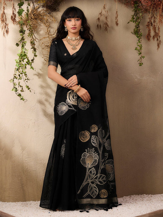 Black Banarasi Silk Zari Weaving Silk Blend Saree - Ressa