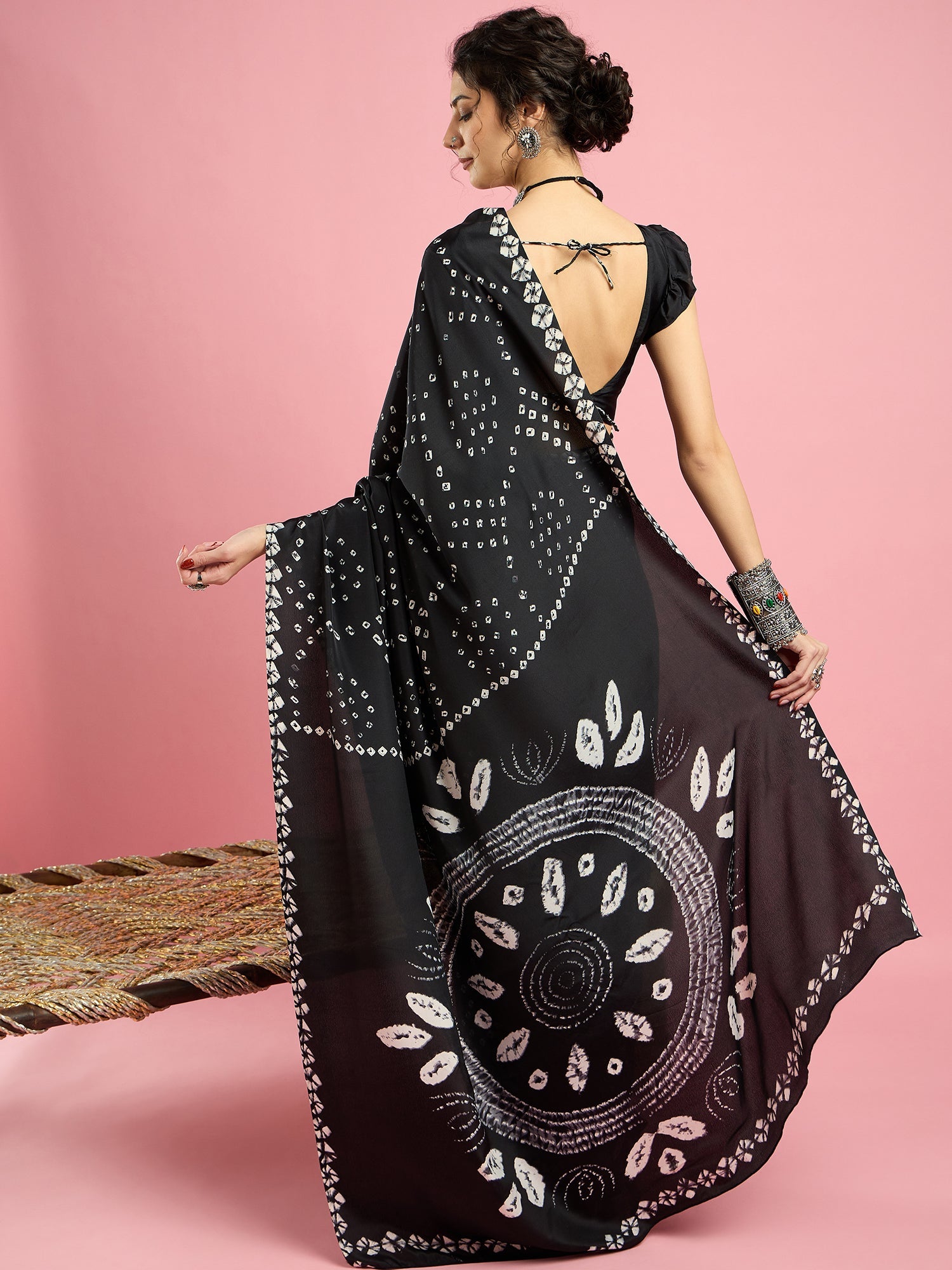 Black Bandhani Print Silk saree - Ressa