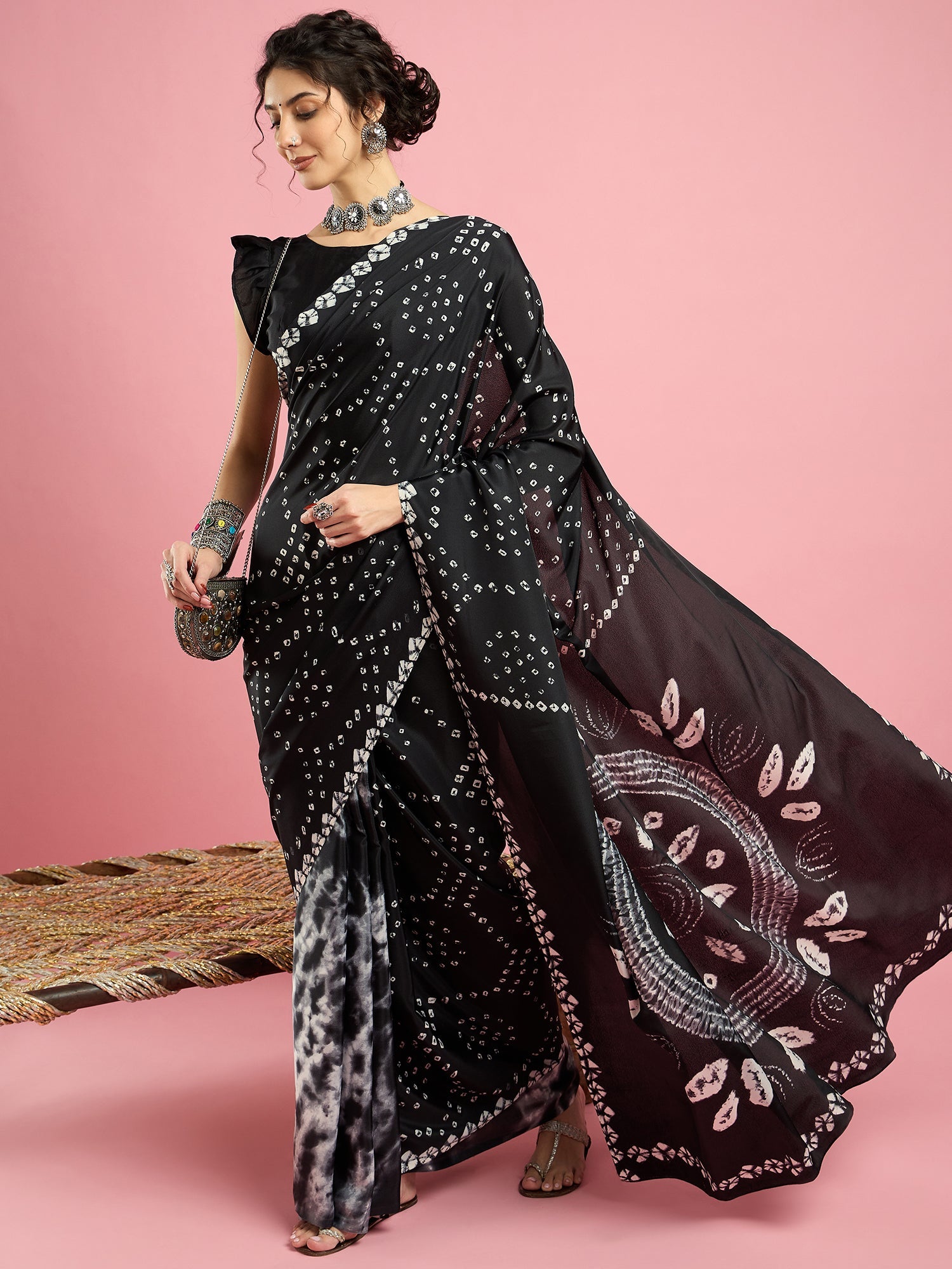 Black Bandhani Print Silk saree - Ressa