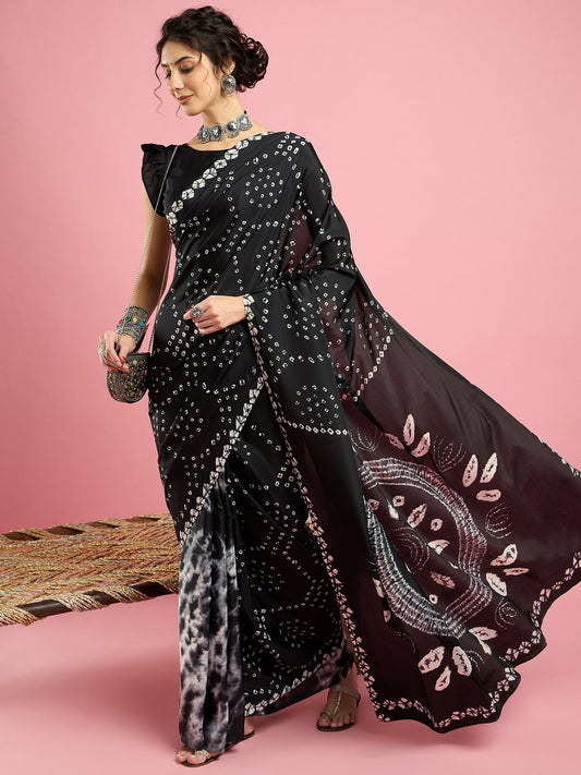 Black Bandhani Print Silk saree - Ressa