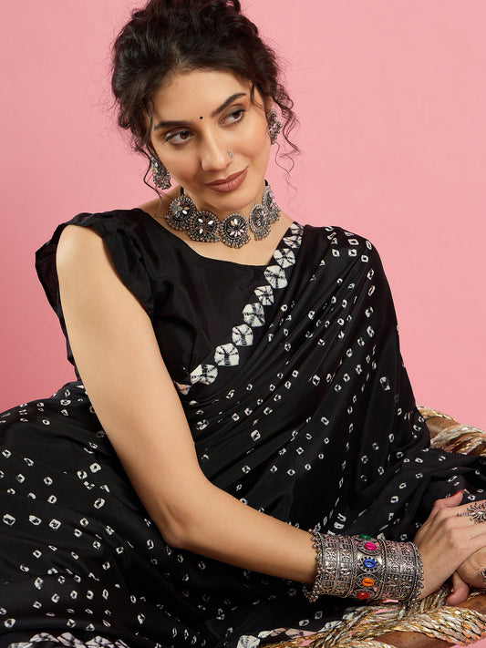 Black Bandhani Print Silk saree - Ressa