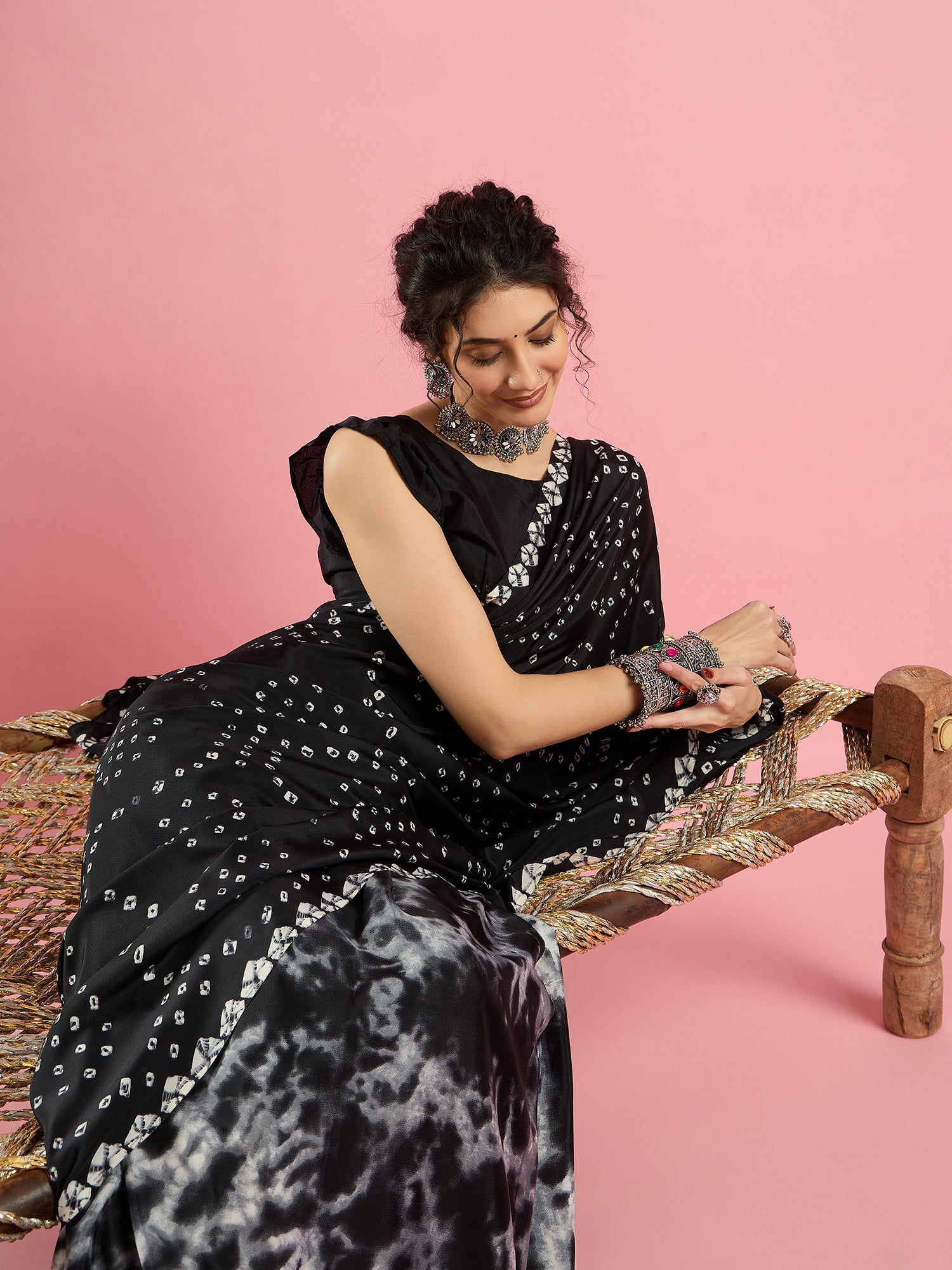 Black Bandhani Print Silk saree - Ressa