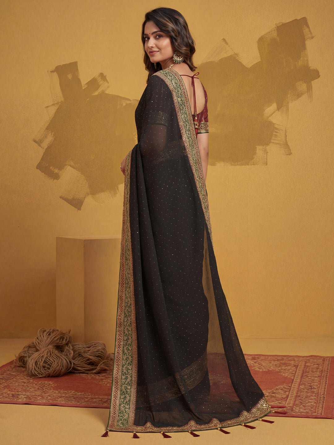 Black Beads and Stone Georgette Saree - Ressa