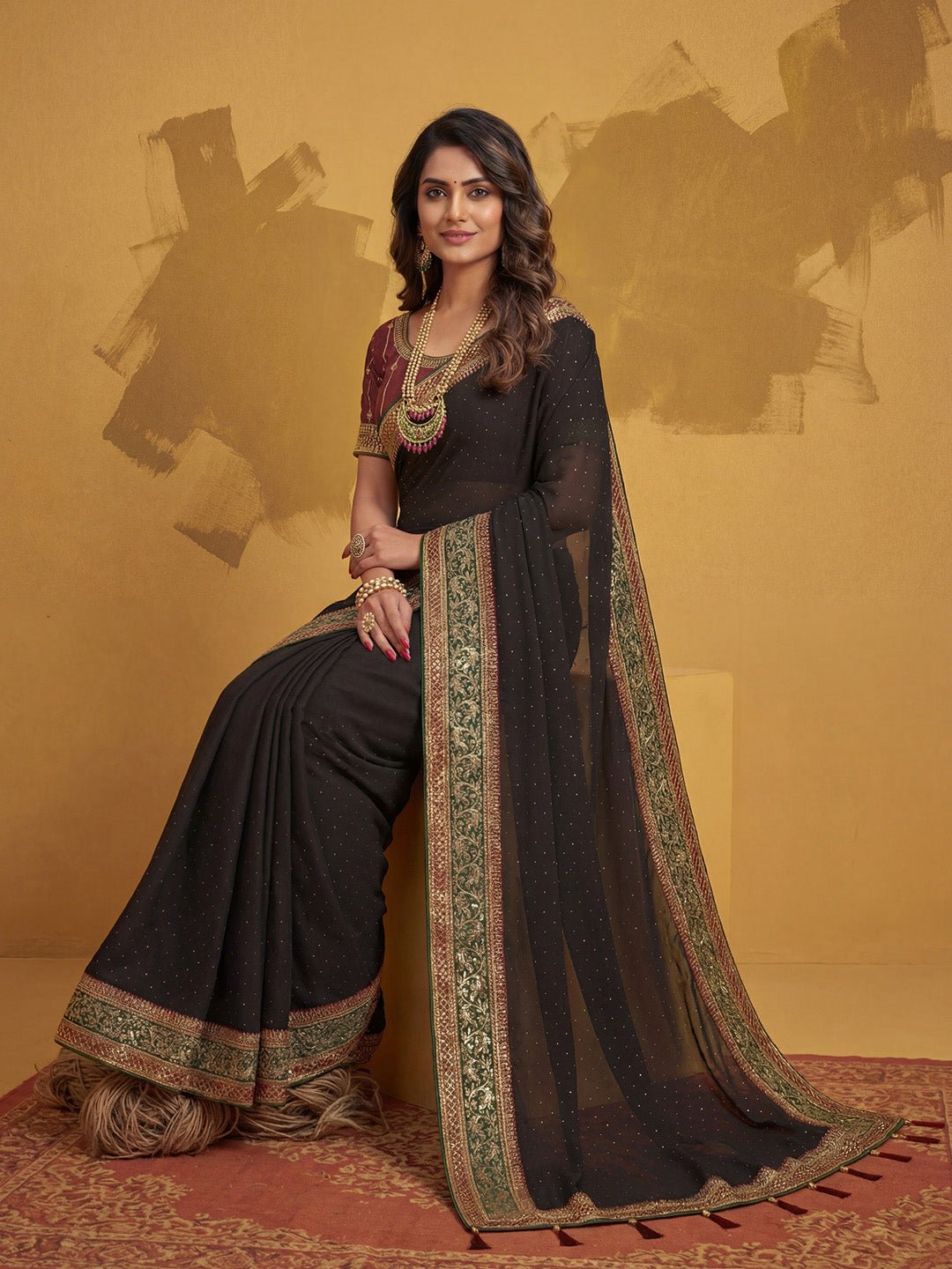 Black Beads and Stone Georgette Saree - Ressa