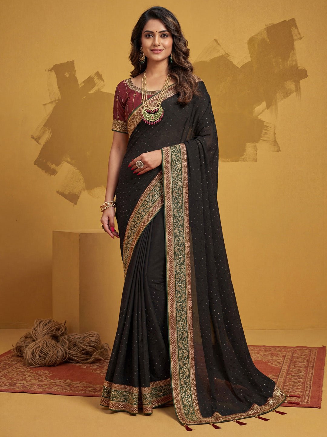 Black Beads and Stone Georgette Saree - Ressa