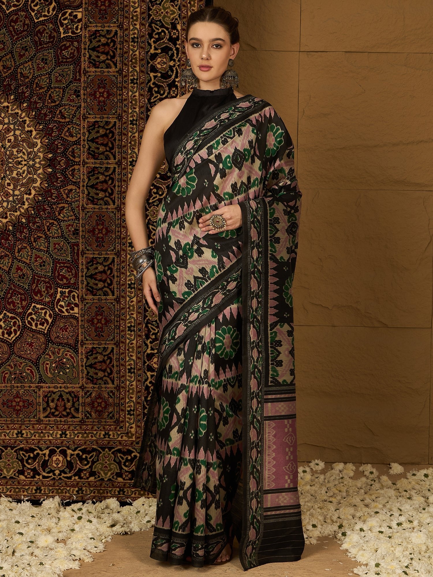 Black Bhagalpuri Ikkat Printed Saree - Ressa